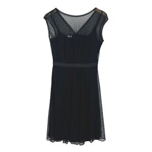London Times Black Polka Dot Mesh Overlay Cap Sleeve V-Neck Dress Size 6